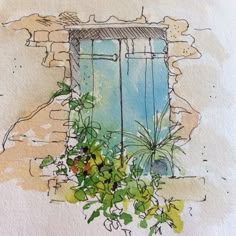 watercolor painting of an open window with green plants