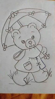 a drawing of a teddy bear holding an umbrella