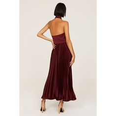 Red velvet (100% Polyester). Hourglass. Sleeveless. Halter neck. Back zipper closure. 40" from shoulder to hemline. Imported. Elegant Sleeveless Burgundy Evening Dress, Chic Velvet Cocktail Dresses, Elegant Burgundy Sleeveless Evening Dress, Glamorous Sleeveless Pleated Midi Dress, Chic Velvet Midi Dress For Date Night, Chic Red Velvet Dress, Velvet Maxi Dress For Night Out, Chic Velvet Midi Dress For Party, Chic Midi Length Velvet Party Dress