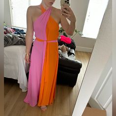 Orange & Pink Color Block Wrap Halter Cover Up Dress Removable Waist Tie New Without Tags One Size (Fits Like S/M) Pilyq Swimwear, Orange Pink Color, Open Back Maxi Dress, Sweater Maxi Dress, Black Silk Dress, Dress Cottagecore, Spandex Dress, Tie Dye Maxi, Reformation Dress