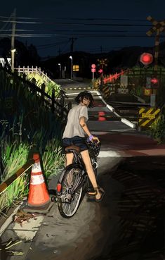 a painting of a person riding a bike down a street at night with traffic lights