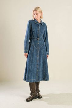 A washed denim midi dress featuring shirt collar, long sleeve, button down with self belt and full skirt 92% COTTON 8%POLYESTER Chic Washed Blue Denim Dress For Fall, Chic Washed Long Sleeve Denim Dress, Knee-length Washed Blue Denim Dress For Fall, Long Sleeve Denim Dress For Work, Fall Knee-length Washed Blue Denim Dress, Spring Belted Denim Blue Denim Dress, Fall Denim Shirt Dress With Pockets, Collared Denim Dress For Fall, Collared Denim Blue Dress For Fall