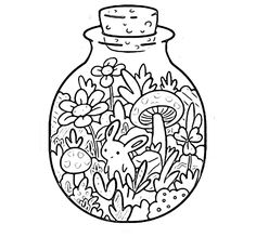 a jar filled with lots of flowers and plants