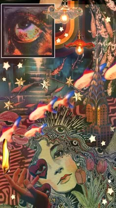 an image of a woman's face surrounded by stars and other things in the background