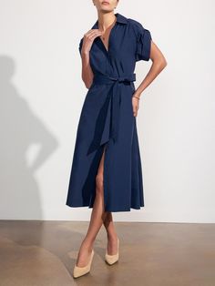 Brochu Walker | Women's Fia Belted Dress in Navy V-neck Belted Midi Dress For Office, Elegant Maxi Dress With Tie Fastening For Work, Elegant Workwear Maxi Dress With Tie Fastening, Elegant Tie Fastening Maxi Dress For Work, Chic Short Sleeve Dress With Tie Fastening, Chic Dress With Tie Fastening And Short Sleeves, Chic Short Sleeve Dress With Tie Sleeves, Daywear Midi Dress With Tie Sleeves, Midi Length Dresses With Tie Sleeves For Daywear