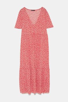 ZARA - Female - Flowy printed dress - Intense red - S Flower Text, Yogurt Dressing, Text T Shirt, Flowing Dresses, Dress Cuts, Printed Dress, V Neck Dress, Zara Women, Dress Details