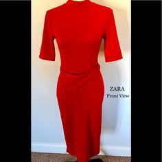 Zara Mock Turtleneck Dress W/ Belt Condition: Never Worn Length: Hits Right By The Knee Material: 95% Polyester 5% Elastic Red Stretch High Neck Dress, Red High Neck Stretch Dress, Casual Red Bodycon Midi Dress, Red High Neck Mini Dress For Spring, Zara High Neck Midi Dress For Spring, Zara High Neck Midi Dress, Zara Stretch Midi Dress For Work, Zara Red Stretch Dress, Zara Elegant High-neck Midi Dress