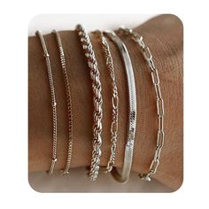 PRICES MAY VARY. 【6 Pcs Silver Bracelets Set】: Set contains: ①Herringbone Bracelets ②Paperclip Link Bracelets ③Figaro Link Bracelets ④Twisted rope Bracelets ⑤Satellite Bracelets ⑥ Box Link Bracelets. An elegant and simple bracelet set, classic and timeless. 【SIZE Adjustable】 : Each Bracelet length 6.5”+ 2” extender. Strong lobster clasp design, ensuring that you can easily adjust it to your desired size. This ankle bracelets suitable for women and teen girls. 【High Quality】:Crafted from premium Bracelets Sets, Dainty Anklet, Rope Bracelets, Bracelet Pack, Bracelet Set Silver, Bracelets Set, Simple Bracelets, Figaro Chains, Figaro Chain