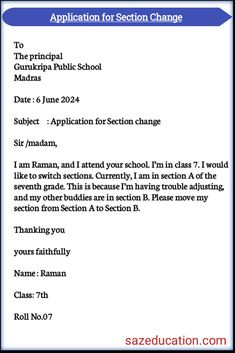 an application for section change in the school's official letter to parents and children