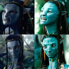 three different pictures of the same woman with blue skin and hair, one is wearing an alien