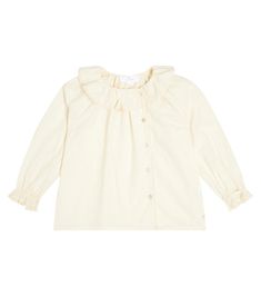 Charlene Ruffled Cotton Poplin Shirt in White - Cera Una Volta | Mytheresa Cream Top With Ruffled Collar For Daywear, Classic Cotton Tops With Peter Pan Collar, Cotton Blouse With Ruffles And Peter Pan Collar, Classic Cotton Top With Ruffled Collar, Cotton Tops With Peter Pan Collar For Daywear, White Classic Top With Ruffled Collar, Classic White Top With Ruffled Collar, Cream Cotton Tops With Ruffles, Elegant Off White Cotton Top