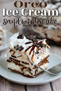 a slice of ice cream sandwich cake on a white plate with a fork and the title overlay reads, oreo ice cream sandwich cake