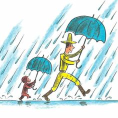 a man walking in the rain with an umbrella next to a small dog and monkey