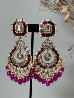 Lightweight  earrings.  Earrings length- 3.5 inches Purple Kundan Earrings For Wedding, Traditional Kundan Purple Earrings, Festive Purple Kundan Earrings, Traditional Purple Kundan Earrings, Bollywood Style Meenakari Chandbalis Dangle Earrings, Purple Earrings For Wedding And Festive Occasions, Bollywood Meenakari Chandbali Earrings, Festive Purple Earrings For Wedding, Bollywood Style Meenakari Chandbalis Drop Earrings