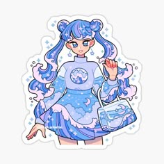 a girl with blue hair and glasses holding a handbag in her right hand sticker