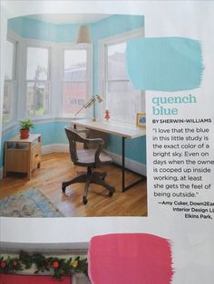 the interior of a home office with blue walls and wood flooring is featured in this magazine