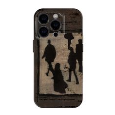 an iphone case with the silhouettes of people walking in front of a newspaper page