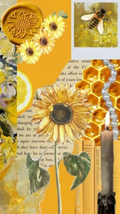 a collage with bees, sunflowers and honeycombs in yellow tones