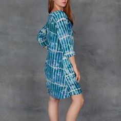 Osei Duro Blue Silk 3/4 Sleeve Tunic Dress Off Shoulder Dress, Casual Dress, Cover Up, Silk