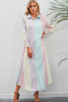 Rainbow Stripe Button-Up Maxi Shirt Dress Button Shirt Dress, Loose Maxi Dress, Maxi Shirts, Cowl Neck Dress, Maxi Shirt Dress, Button Front Dress, Striped Maxi, Striped Maxi Dresses, Necklines For Dresses