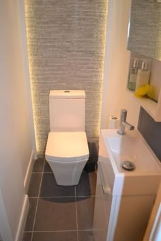 a white toilet sitting in a bathroom next to a sink