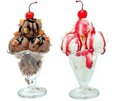 two ice cream sundaes with cherries on top