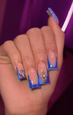 Nail Designs For Prom Blue, Blue French Tip Ideas, Nails To Go With Dark Blue Dress, Blue Bday Nails, Royal Blue Nail Designs Ideas, Baddie Blue Nails, Short Acrylic Nails Designs Blue, Medium Blue Nails, Blue Freestyle Nails