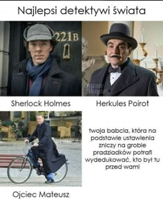 three different pictures of men in hats and coats on bicycles, one with a cane