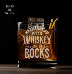 an old fashioned whiskey glass with the words, my love for whiskey is on the rocks