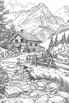 a black and white drawing of a house in the mountains with rocks, grass and trees