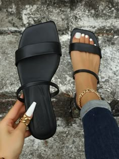 Women Minimalist Double Strap Slide Sandals | SHEIN USA Sandals Outfit, Fashion Slippers, Womens Summer Shoes, Strappy Wedges, Cute Sandals, Womens Sandals Flat, Shoe Lover, Simple Outfits, Strap Sandals