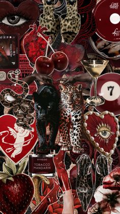 the collage has many different items and colors on it, including hearts, leopards,