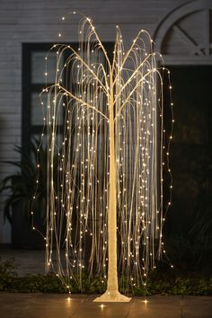 a lighted tree in front of a house with white lights on it's branches