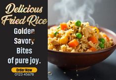 a brown bowl filled with rice and veggies next to a sign that says delicious fried rice golden savory bites of pure joy