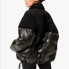 Brand New With Tags Good American Leather Sherpa Puffer In Sz 2! Never Worn. Oversized. Super Cute. Oversized Black Quilted Outerwear, Chic Black Patchwork Outerwear, Black Quilted Puffer Jacket For Fall, Winter Brunch, Satin Quilt, Baddie Vibes, Oversized Puffer, Leather Puffer, Faux Leather Coat