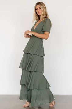 Our Montaigne Maxi Dress is perfect for dancing! Get her for your next event and show off your moves! Ruffle Bridesmaid Dress, Lauren Carter, Floral Bridesmaids, Green Chiffon Dress, Cocktail Jumpsuit, Dress Rich, Sage Green Bridesmaid Dress, Sage Green Floral, Sage Green Dress