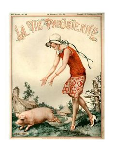 an advertisement for la vie parisienne shows a woman catching a pig with her hand