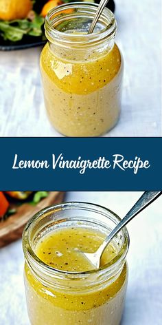 lemon vinaigrete recipe in a glass jar with spoons on the side