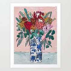 a painting of flowers in a blue and white vase on a pink background art print