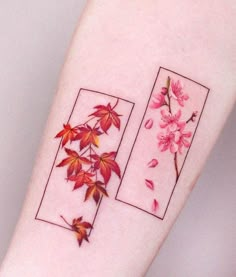 a woman's arm with red flowers and leaves on the left side of her body