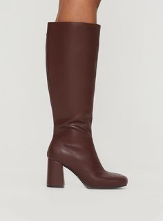 Knee high boots Leather material, zip fastening at side, rounded toe, padded footbed, block heel Upper, lining & insole: 100% PU Heel height: 8cm / 3.1in Brown Knee-high Heeled Boots With Zipper, Brown Knee-high Heeled Boots With Zipper Closure, Winter Wide Calf Knee-high Boots With Padded Heel, Faux Leather Block Heel Boots With Zipper, Faux Leather Heeled Boots With Zipper And Block Heel, Brown Knee-high Boots With Padded Heel, Knee-high Winter Boots With Padded Heel, Knee-high Heeled Boots With Padded Heel, Winter Knee-high Boots With Padded Heel