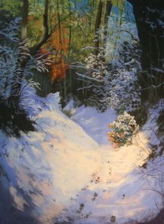 a painting of a snowy path in the woods