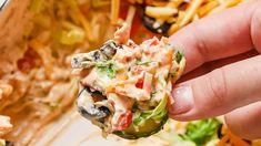 a hand holding a tortilla chip with cheese and vegetables