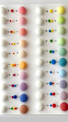 an array of different colored balls arranged on a white surface with numbers and letters in the middle