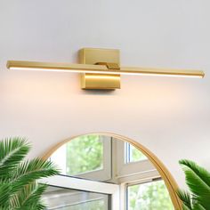 a bathroom light that is on above a mirror and potted plant in front of it