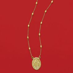 Ross-Simons - Italian 18kt Yellow Gold Over Miraculous Medal Beaded Station Necklace. 20". Based on a vision of the Holy Mother Mary, the Miraculous Medal is one of the most popular religious jewelry items of the Catholic faith. In gleaming 18kt yellow gold over sterling silver, this devotional pendant suspends from a cable chain lined with oval bead stations. Crafted in Italy. Lobster clasp, 18kt yellow gold over sterling silver Miraculous Medal necklace. Gold Pendant Necklace With Single Strand, Gold Spiritual Jewelry With Beaded Chain, Spiritual Gold Jewelry With Beaded Chain, Spiritual Oval Yellow Gold Necklace, Spiritual Gold Beaded Chain Jewelry, Spiritual Necklace With Beaded Chain And Round Pendant, Spiritual Yellow Gold Oval Necklace, Spiritual Beaded Chain Necklace With Round Pendant, Spiritual Yellow Gold Jewelry With Lobster Clasp