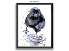 a watercolor painting of a black bird standing on top of a body of water