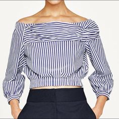 Never Worn Zara Off The Shoulder Striped Crop Top Size: Medium Color: Blue And White Stripe Material: 100% Cotton Navy Trendy Tops For Spring, Trendy Navy Tops For Spring, Elegant Navy Tops For Spring, Navy Tops For Spring Workwear, Navy Chic Blouse For Spring, Chic Navy Blouse For Spring, Chic Navy Top For Day Out, Chic Navy Summer Top, Blue Zara Casual Crop Top