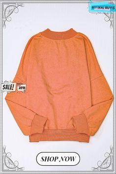 Orange Drop Shoulder Crew Neck Pullover Sweatshirt Fall Crew Top With Ribbed Collar, Fall Ribbed Collar Crew Top, Casual Solid Color Funnel Neck Sweater, Casual Funnel Neck Solid Color Sweater, Plain Tops For Fall Streetwear, Plain Tops For Streetwear In Fall, Fall Crew Neck Top With Ribbed Collar, Sporty Solid Color Sweatshirt For Fall, Casual Crew Neck Top With Ribbed Collar