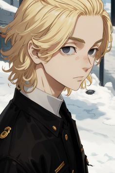 an anime character with blonde hair and blue eyes standing in front of snow covered ground